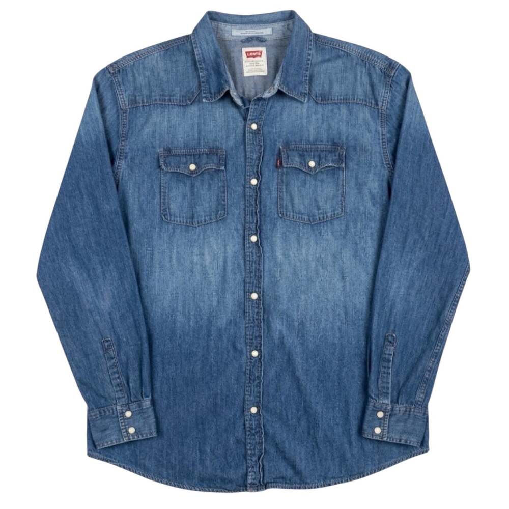 Levis Western Shirt Mens XXL Denim Pearl Snap Modern Fit Blue Cowboy Long Sleeve
